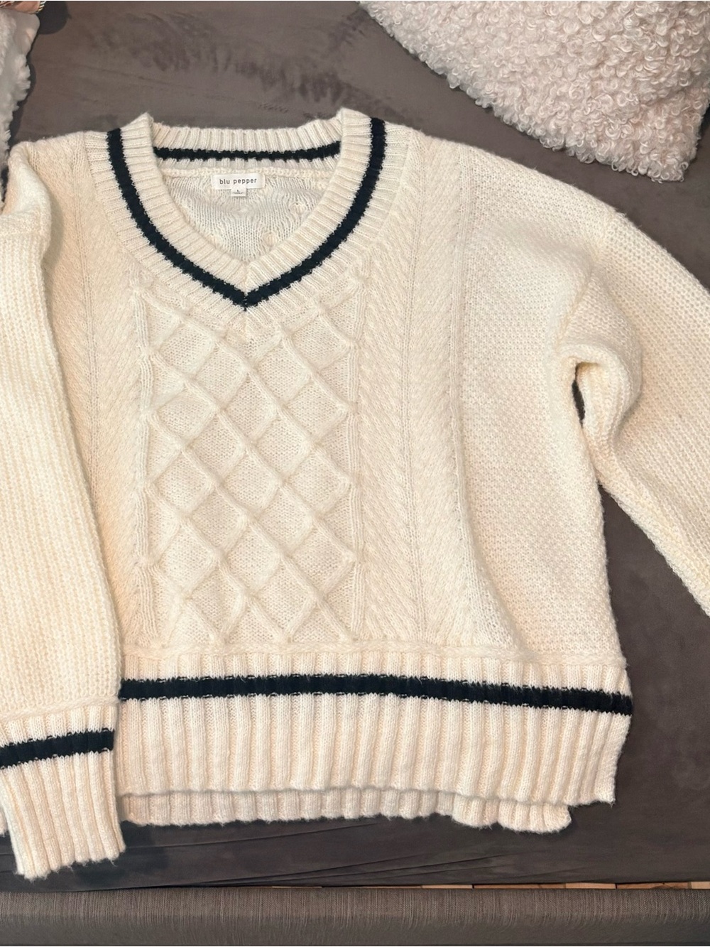 NWOT - Blu Pepper Cable Knit V-Neck Sweater with Navy Stripes
